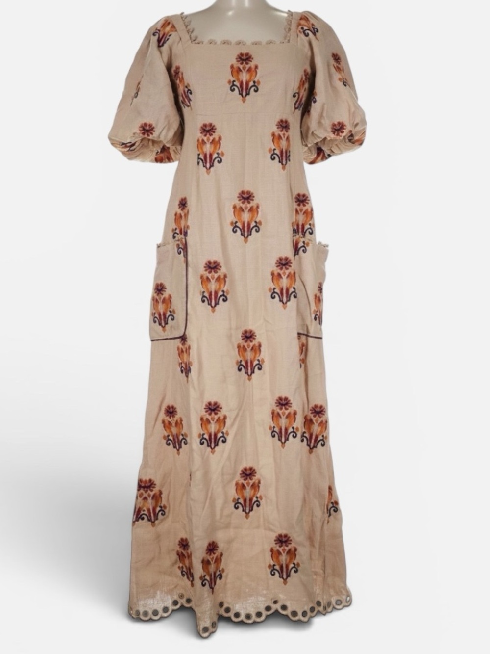 Farm Rio Rose Embroidered Macaw Maxi Dress in Beige Multi | M - Picture 10 of 16
